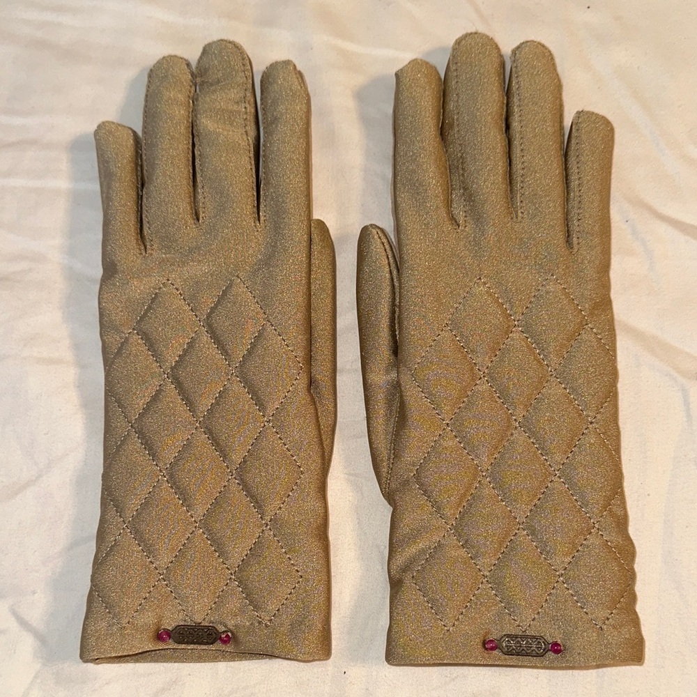 Vintage Totes‎ Isotoner Aris Quilted Tan/Gold Winter Gloves with Embellishments